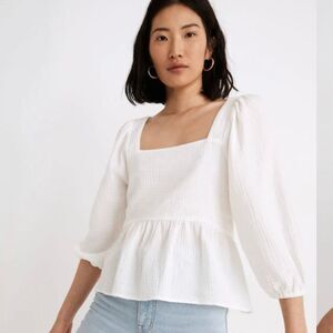 Madewell Lightspun Millbrook Puff-Sleeve Peplum top made of double-gauze cotton